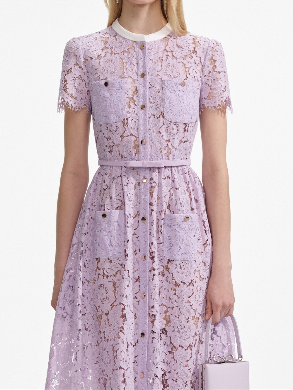 SELF-PORTRAIT Lilac Lace Button Front Midi Dress Size 4 - Picture 4 of 9